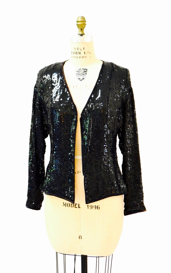 Vintage Black Sequin Jacket Medium// Black Silk S… - image 2