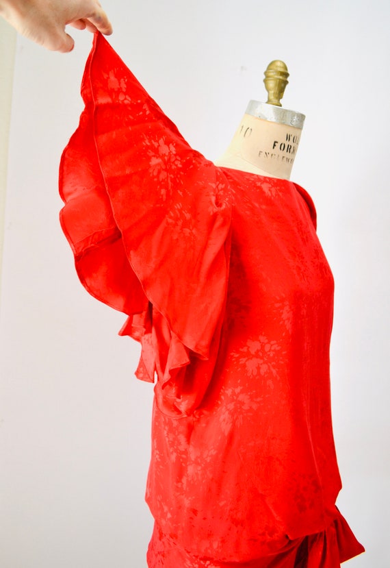 80s Vintage Red Silk Ruffle Dress Medium by Saint… - image 4