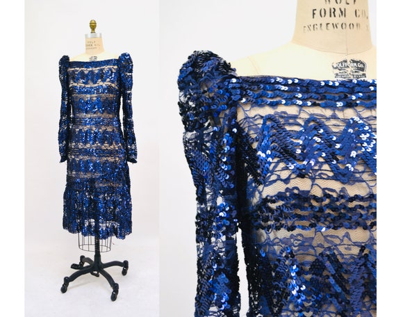 Vintage 80s 90s Lace Sequin Dress Metallic Blue  … - image 1