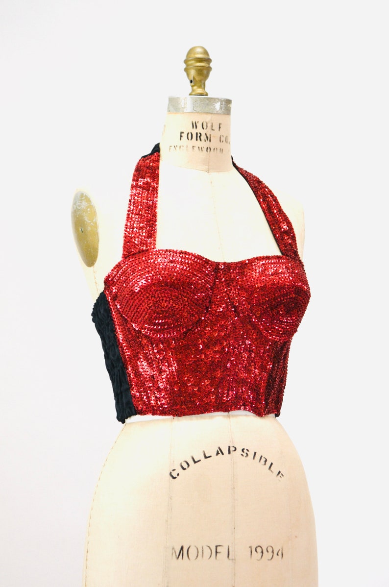 80s 90s Vintage Red Sequin Bustier Crop Top Halter top Size Medium Sequin Red Halter Top Disco Dance 80s 90s Sequin Showgirl Halter TOp image 6