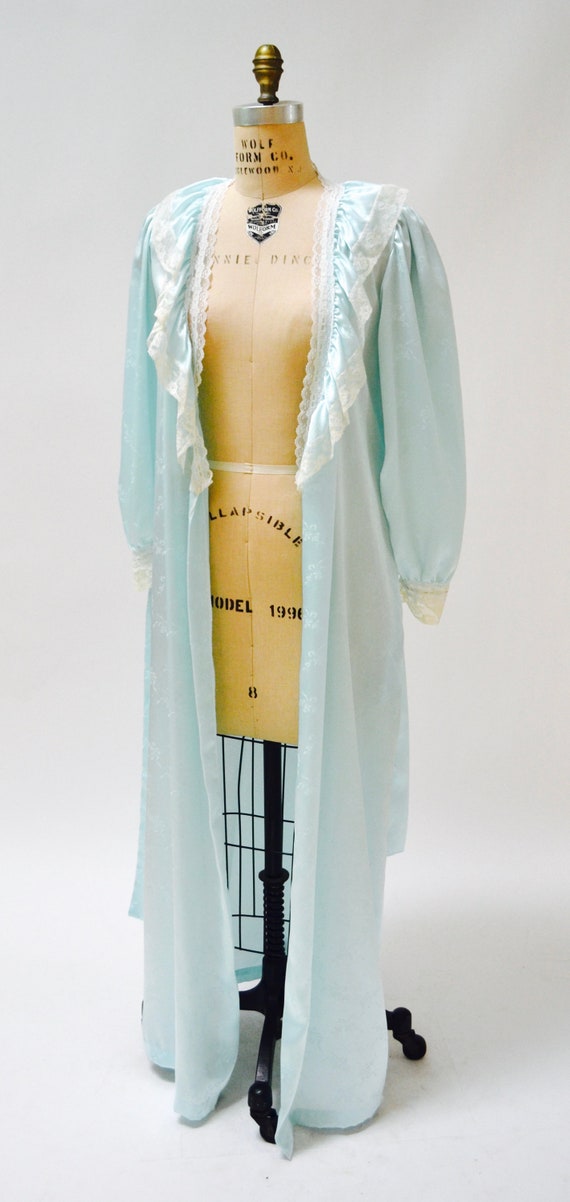 80s Vintage Blue Satin Robe Nightgown Blue lace W… - image 9