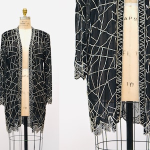 90s Vintage Black Beaded Silk Chiffon Duster Jacket Black Beaded Sheer Black Top Long Sleeves Beaded Beach Cover UP Fabrice Small Medium image 1