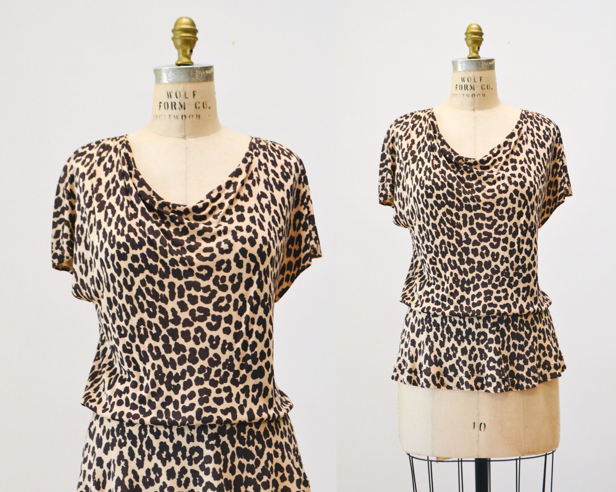 90s Animal Print Cowl Neck Leopard Print Knit Top Shirt