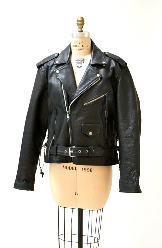 Vintage Black Leather Motorcycle Jacket Mens Large With USA
