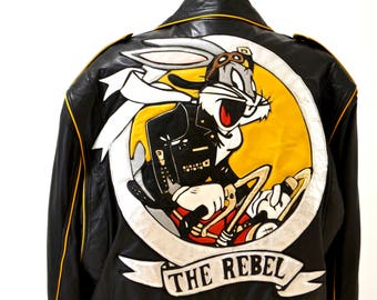 90s Vintage Black Leather Motorcycle Biker Jacket Rebel Bugs Bunny