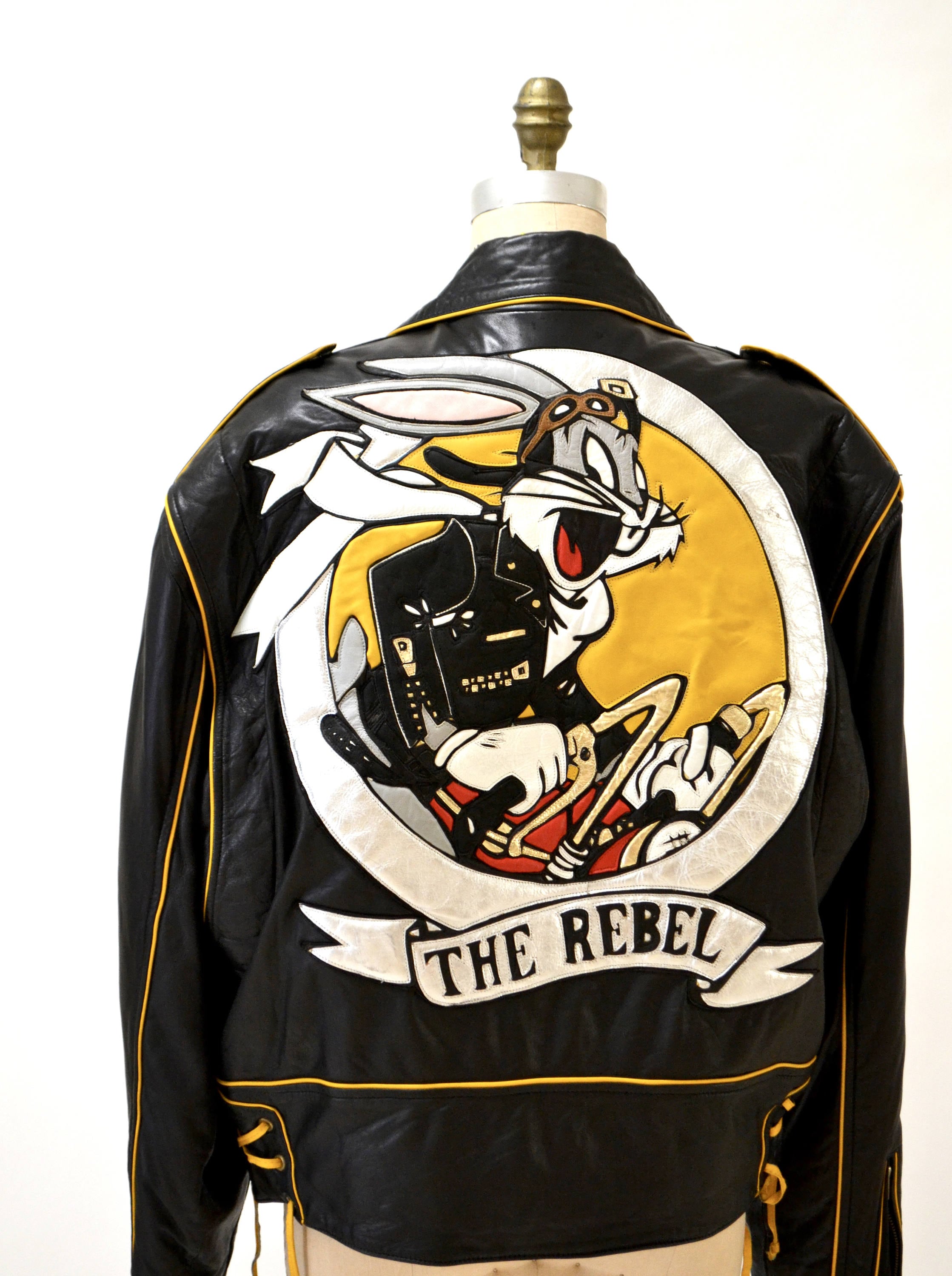 90s Vintage Black Leather Motorcycle Biker Jacket Rebel Bugs Bunny