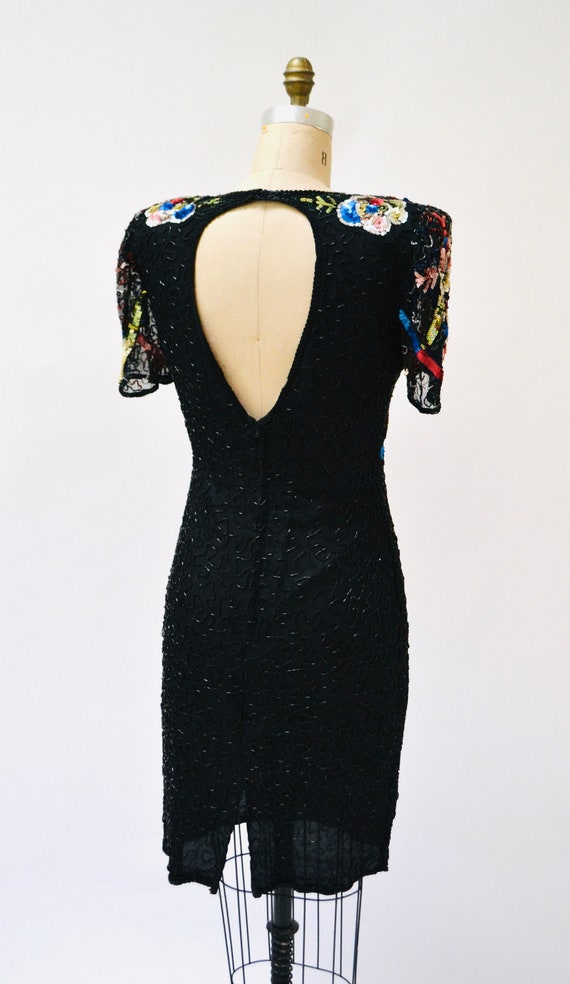 Vintage Black Sequin Beaded Dress Large Flower Be… - image 9