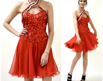 Vintage 80s Prom Party Dress Red Sequin Dress Size XS Small // Red Sequin Showgirl Dress Mike Benet Small Pageant 80s 90s Prom Halter Neck