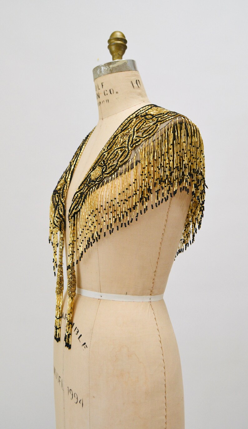 Vintage Gold Beaded Fringe Shawl Wrap Burlesque Wedding Flapper Gold Metallic Beaded Vintage Fringe Collar Shawl Gold Black Wrap Sharmark image 6