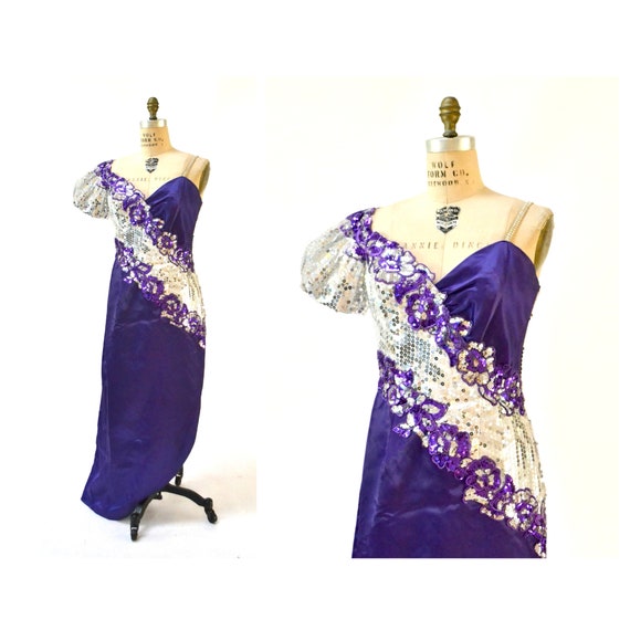 80s Prom Dress Purple Sequin Gown Large XL// Vinta