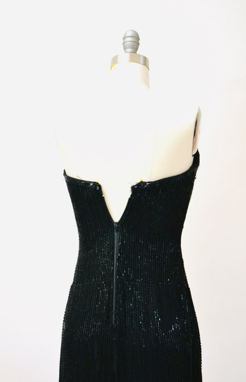 80s 90s Vintage Beaded Sequin Gown Dress By Bob Mackie Black Silver Strapless Black Beaded Gown BoB Mackie Cher Pageant Dress XS Small image 8