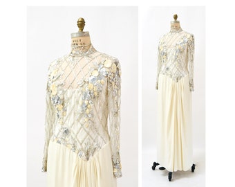 80er 90er Jahre Vintage Silber Weiß Perlen Pailletten Kleid Kleid Large von Bob Mackie // Vintage Hochzeitskleid Pailletten Perlen Silber Kleid
