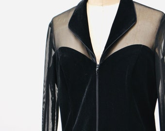 90s Vintage Sheer Black Velvet Top 90s Party Sheer Long