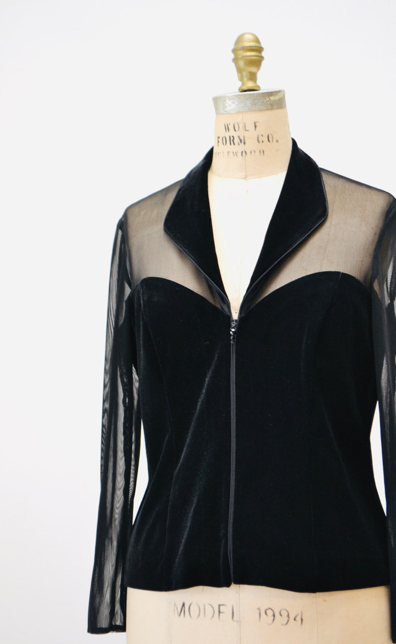 90s Vintage Sheer Black Velvet Top 90s Party Sheer long Sleeve Top Medium Large // 90s Sheer Mesh Velvet Party Shirt Tadashi Inspired Top image 3