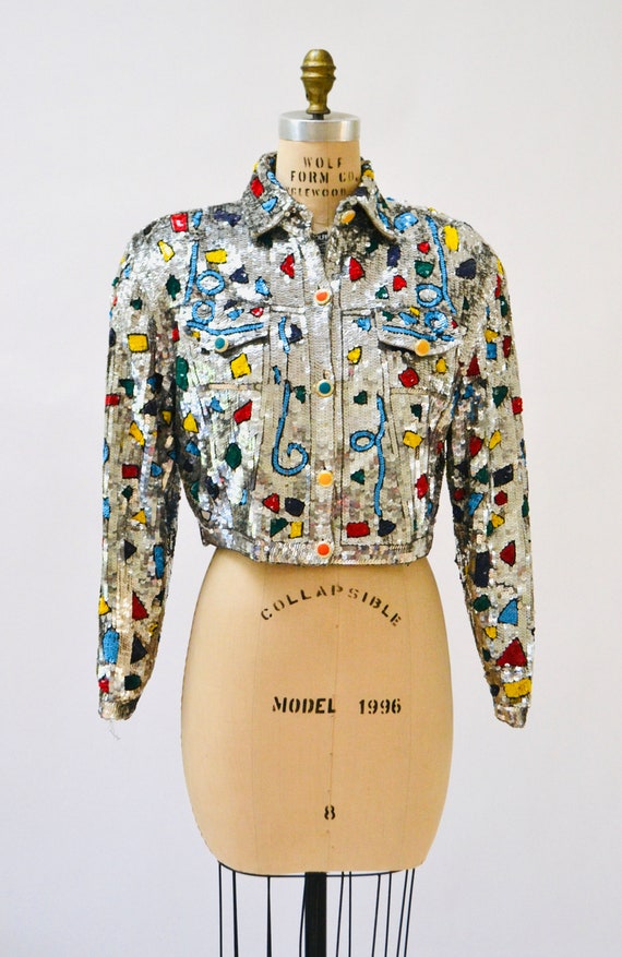 Vintage Sequin Jacket Silver Metallic Rainbow Seq… - image 5