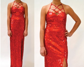 90s Vintage Red Sequin Dress Small// Vintage Red Sequin Evening Gown Dress size Small Pageant Dress