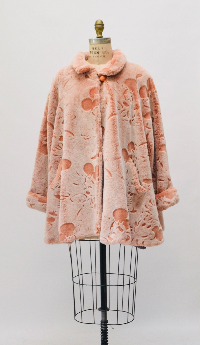 Vintage Pink Faux Fur Jacket Coat with Mickey Mouse Disney 90s Animal Print Peach Faux Fur Coat by Apparence Paris Medium Large image 2