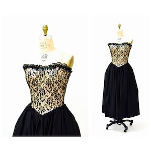 Vintage 80s Prom Dress Strapless Black Lace Sequin Crinoline Dress Size XS Small// 80s does 50s Black Party Bridesmaid Dress Gunne Sax