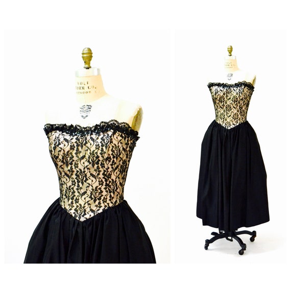 Vintage 80s Prom Dress Strapless Black Lace Sequi… - image 1