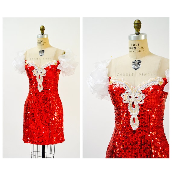 80s Prom Dress Red Sequins Medium Large// Vintage