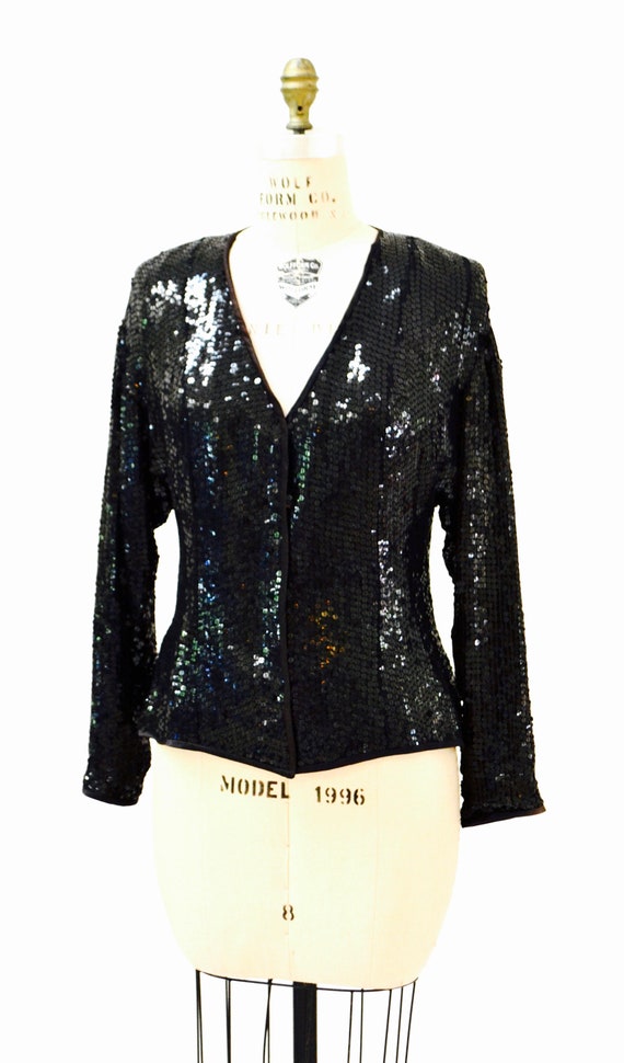 Vintage Black Sequin Jacket Medium// Black Silk S… - image 5