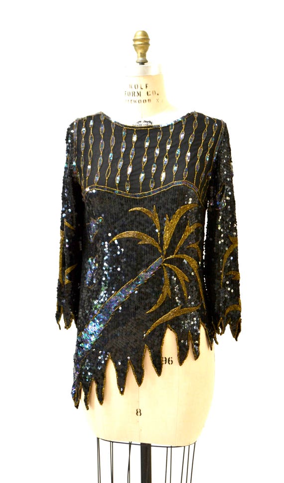 Vintage Metallic Sequin Shirt Black Art Deco Flap… - image 4