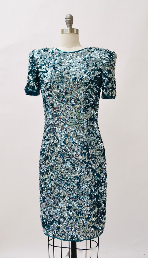 80s 90s Glam Vintage Blue Sequin Dress Size Small… - image 5