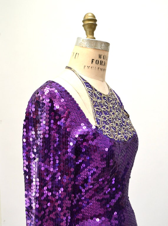 90s Vintage Purple Sequin Dress Medium Metallic D… - image 9