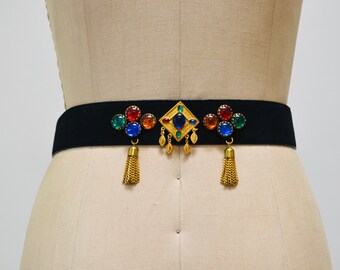 80s 90s Vintage ESCADA Black Gold Gemstone Belt Metallic