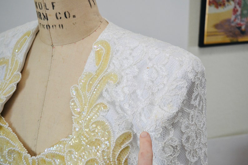 90s Vintage Off White Lace Dress Sequin Jacket 90s White Suit Dress Medium Courthouse Wedding Dress Cache Cream Lace Jacket Dress image 9