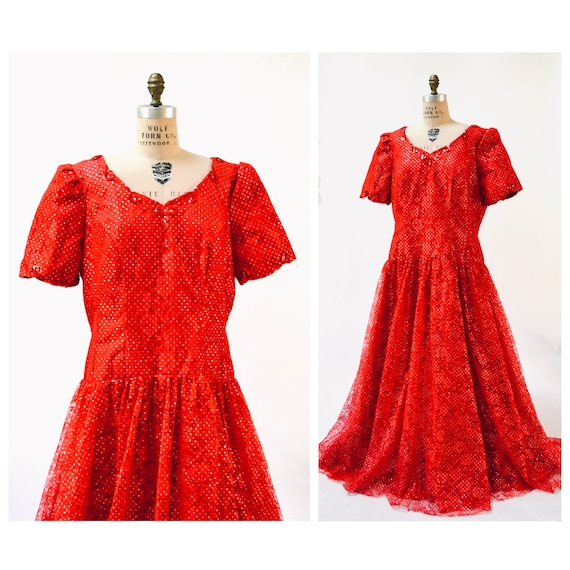 80s Prom Dress Size XL XXL Red Metallic Ball Gown… - image 1