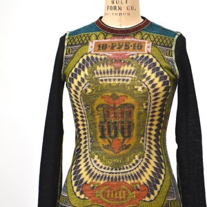 Vintage 1994 Jean Paul Gaultier Classique Currency Print Wool Top Long Sleeve Size Medium 90s Designer wool Sweater Money Bank Note Print image 7