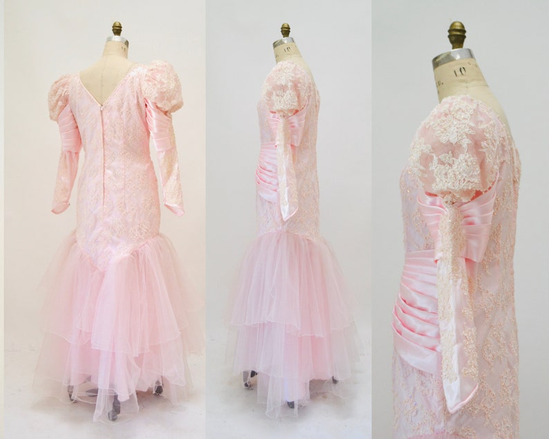 Vintage 80s Pink Ball Gown Wedding Dress Beaded Sequin Medium Pink Princess Ball Pageant Gown Dress //80s Pink Wedding Dress Princess Gown image 3