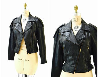 Vintage Leather Motorcycle Jacket Black by Michael Hoban// Vintage Leather Biker Jacket Black XS SMALL Corset Moto Jacket