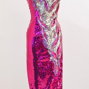 Vintage 80s Prom Pink Sequin Dress Size XXS Alyce Designs// 80s Vintage Metallic Sequin Gown Silver and PInk Drag Queen Pageant Barbie Dress image 3