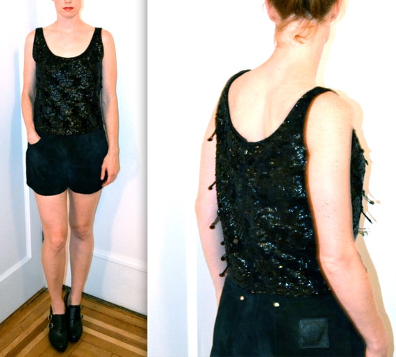 Vintage Black Sequin Top Size Medium// 60s Black … - image 1