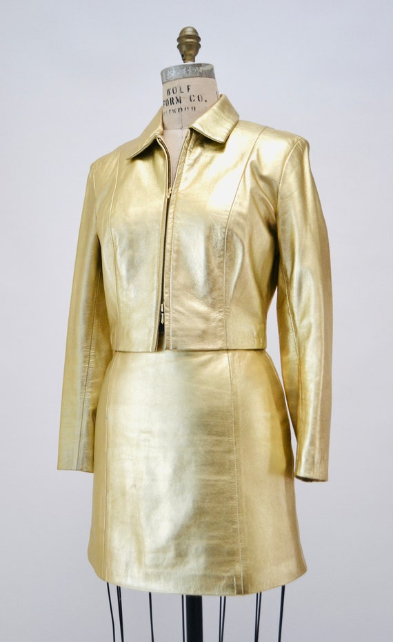 2000s Y2K Vintage Gold Metallic Leather Suit Gold… - image 3