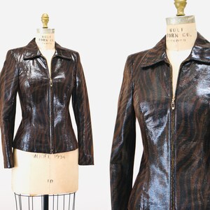 90s 2000s Y2k Vintage Brown Leather Zebra Print Jacket by Escada