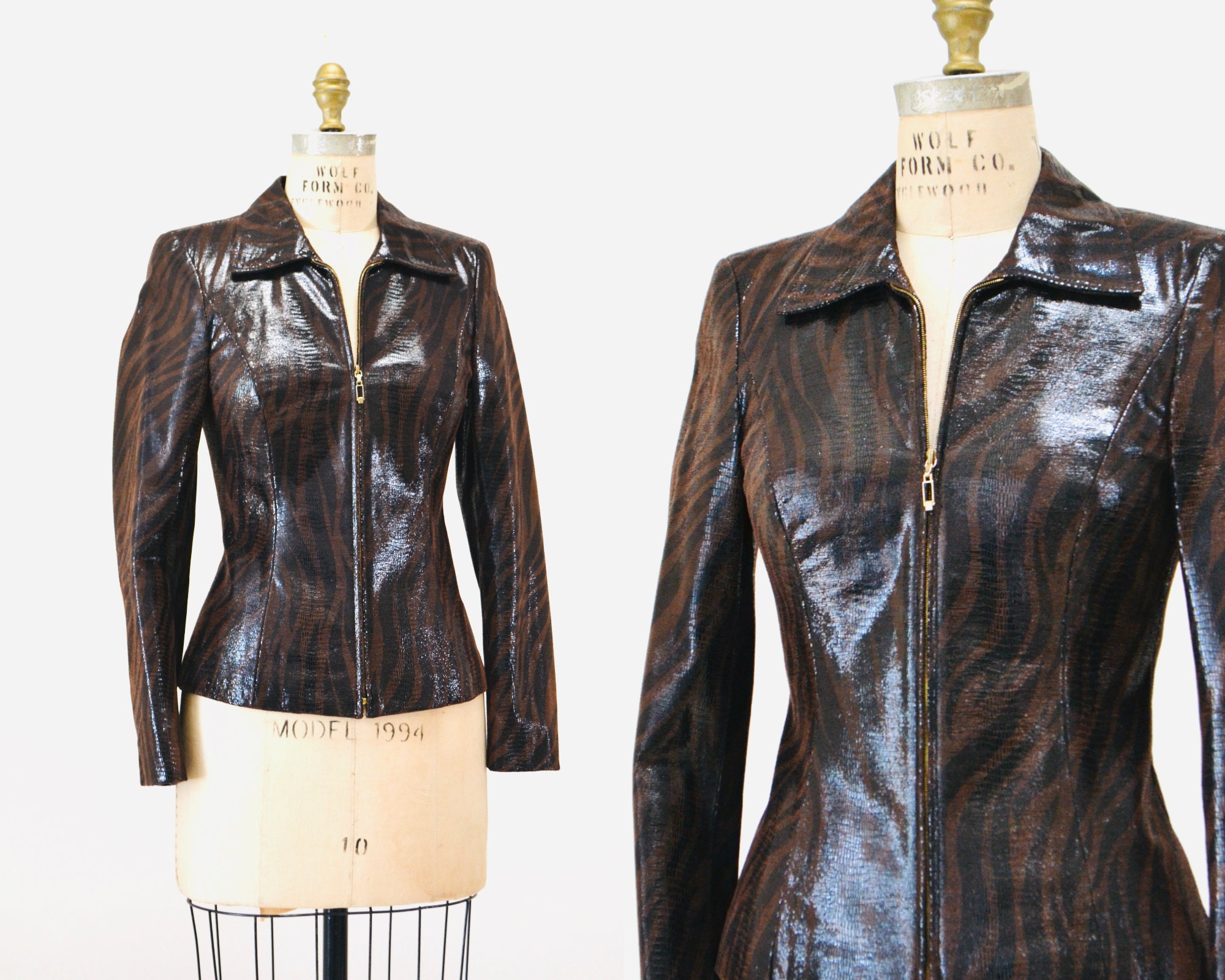 90s 2000s Y2k Vintage Brown Leather Zebra Print Jacket by Escada