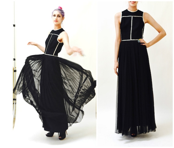 70s Black Maxi Dress Metallic silver Trim long Bl… - image 5