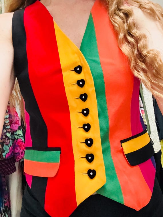 Moschino Couture, Vintage 90s Moschino Couture Striped Rainbow Vest 1991 Spring Summer Moschino Vest Pink Blue Green Made in Italy XS Small The Nanny