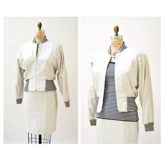 80s 90s Vintage White Leather Bomber Jacket Skirt