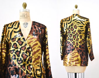 80s 90s Vintage Sequin Jacket Black Small Medium Leopard Cheetah Animal Pattern// 90s Metallic Gold Black Sequin Jacket French Collizioni