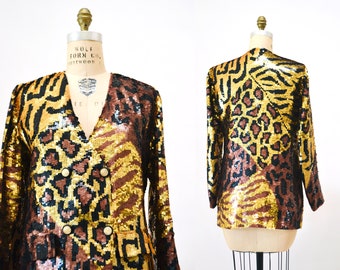 80er 90er Vintage Pailletten-Jacke Schwarz Medium Leopard Gepard Tier-Muster // 90er Metallic Gold Schwarze Pailletten-Jacke French Collizioni