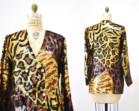 80s 90s Vintage Sequin Jacket Black Small Medium Leopard Cheetah Animal Pattern 90s Metallic Gold Black Sequin Jacket French Collizioni Etsy Mexico
