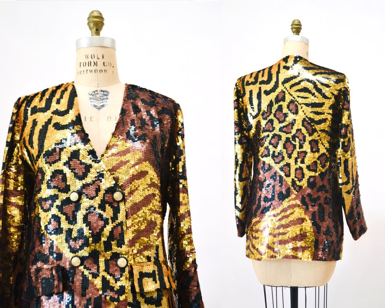 80s 90s Vintage Sequin Jacket Black Small Medium Leopard Cheetah Animal Pattern// 90s Metallic Gold Black Sequin Jacket French Collizioni image 1