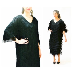 80s does 20s Vintage Black Flapper Fringe Dress Size xl xxl Plus Size// Vintage Black Fringe Party Flapper Dress Size XL xxl Dress image 4