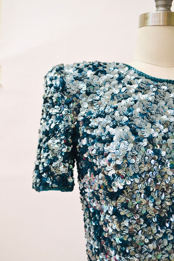 80s 90s Glam Vintage Blue Sequin Dress Size Small… - image 3