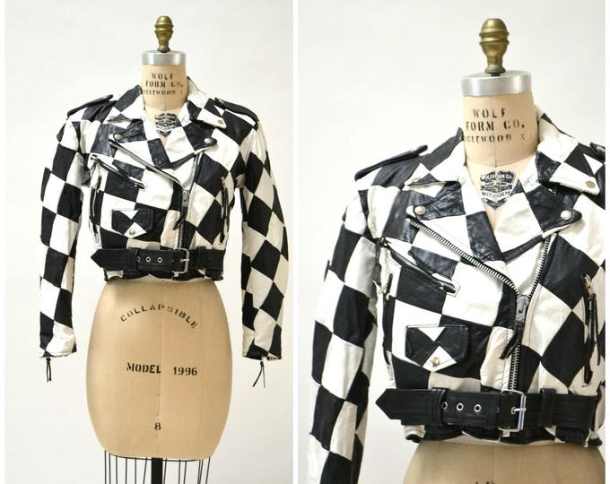 Vintage Leather Motorcycle Jacket Black and White Checker Size - Etsy