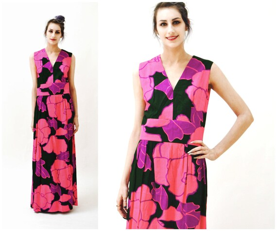 60s 70s Vintage Hawaiian Floral Print Dress Hippy